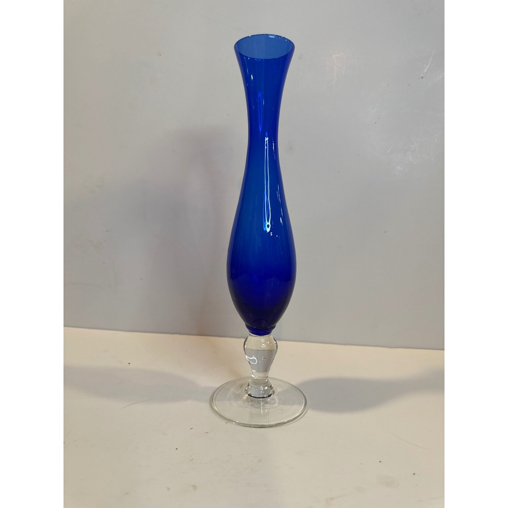 Vintage Tall‎ Cobalt Blue Glass Vase Trumpet Neck Clear Pedestal Base